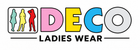 A logo-style graphic reading 'DECO LADIES WEAR' on a white background, with colorful letters and three stylized female silhouettes in green, yellow, and red inside a square outline.